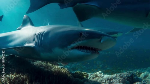 Amazing closeup tiger sharks with sharp teeth swimming underwater on coral reef ocean of Borneo. Shark diving tourism. Divers feed school of sharks. Marine wild dangerous underwater predators