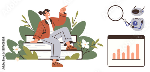 Woman sitting on stacked books, surrounded by nature. Nearby, a magnifying glass, AI robot, and analytics chart highlight learning, AI, and research. Ideal for education technology artificial
