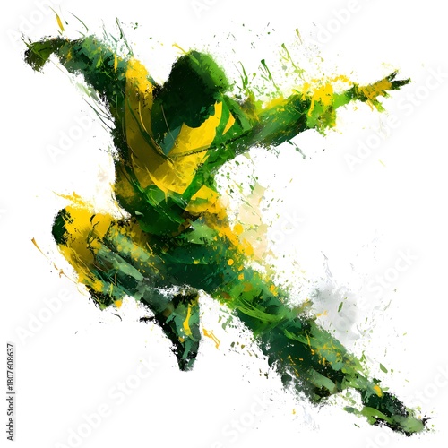 Abstract illustration of a man dancing Samba in an explosion of colorful paint on a white background