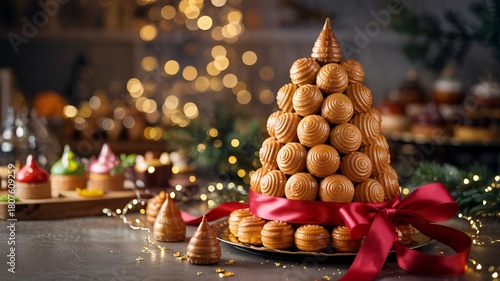 Elegant French croquembouche dessert shaped like a Christmas tree celebration © BARSON