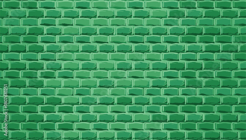 A seamless green brick wall pattern with glossy, stylized rectangular tiles arranged in a uniform grid. The vibrant shades of green create a modern, decorative background suitable for design.