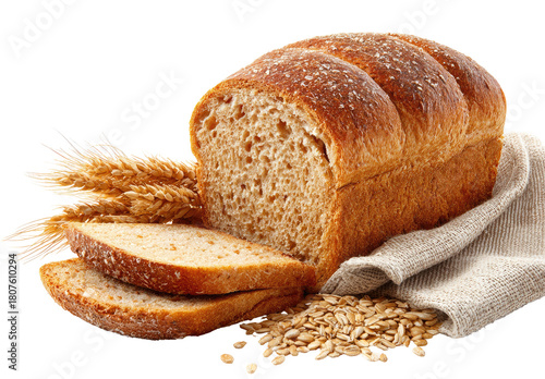 Freshly baked loaf of whole wheat bread, sliced, with wheat stalks and oats