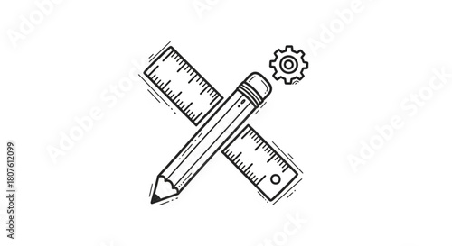 This is a hand-drawn, doodle-style icon symbolizing design, settings, or creativity. A pencil and a ruler are crossed in the center, with a small gear icon floating above them. 
