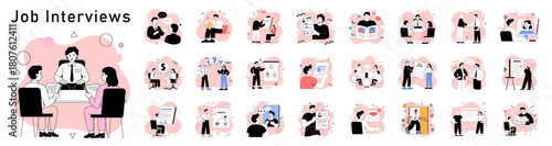 job interview illustration set with candidates and human resources managers, vector collection for recruitment and hiring process