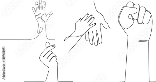 Continuous Line Hand Gestures Minimalist Single Stroke Illustrations of Raised Fist, Finger Heart and Connection Symbols for Modern Design