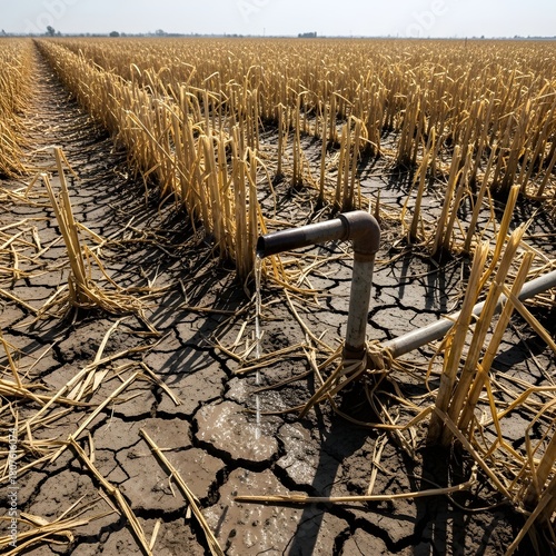 Low angle view of irrigation pipe in a vast dry wheat field with cracked ground during a drought