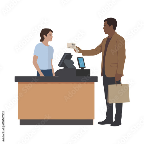 Man paying with cash at the register isolated on