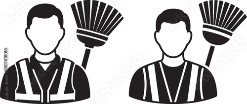 Two sanitation workers with brooms silhouette