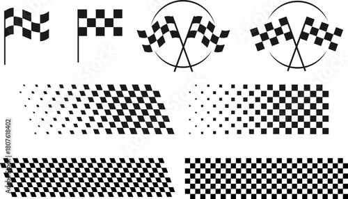 Motorsport Finish Line Collection Checkered Flag Graphics with Halftone Borders and Victory Emblems for Racing Events and Speed Themed Branding