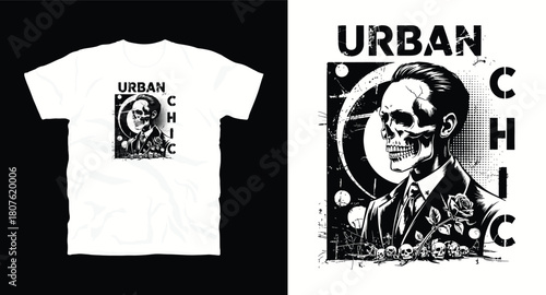 Urban chic t-shirt design with skull in suit and modern background