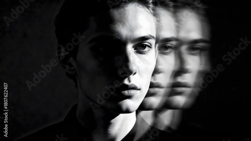 racing thoughts motion blur: fine-art portrait with multiple translucent overlapping faces, sharp focus amid dynamic motion, low-key lighting symbolizing mental acceleration and rushing mind 