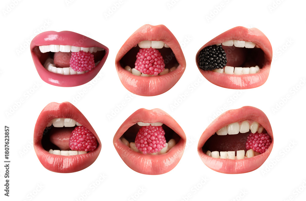 Obraz premium Women holding fresh blackberry and candies in mouth on white background, closeup. Female lips with different shades of lipstick, collage