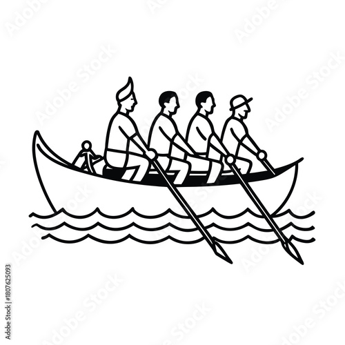Cartoon illustration vector set of fishing boats on the ocean water with silhouette of people having fun on the beach