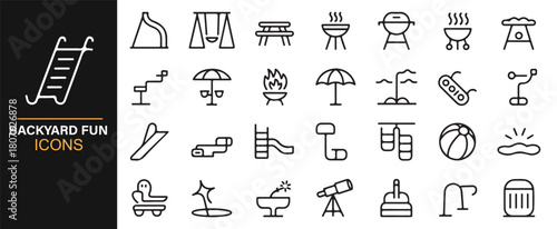Clean Line Art Icons of Outdoor Backyard Activities and Playground Elements