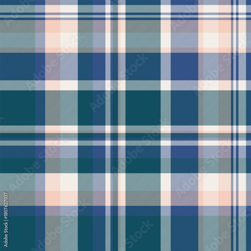 Fuzzy seamless check tartan, individuality vector pattern texture. Everyday fabric textile plaid background in cyan and white colors.