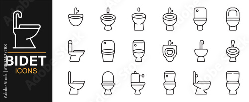 Black Line Bidet and Toilet Icons Set for Bathroom Design Projects
