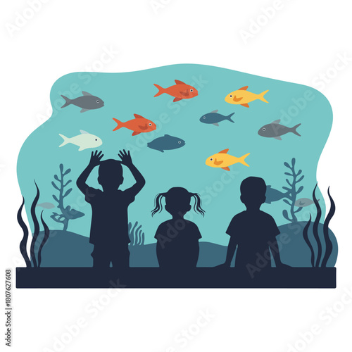 Children watching fish in aquarium isolated on