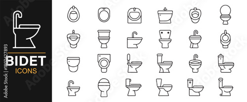 Bathroom Fixture Icons Featuring Bidets, Toilets, and Sanitary Elements