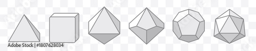 Vector illustration set of D4, D6, D8, D10, D12, D20 dice icons isolated. Polyhedral gaming dice collection for tabletop, RPG, and board game design projects.
