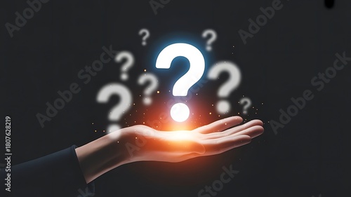 Businessman holding glowing question mark symbol representing problem solving uncertainty curiosity innovation decision making challenge and creative thinking concept in business and technology. icon