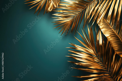 Luxurious golden palm leaves on emerald green background. Elegant tropical composition with metallic shine and rich contrast. For beauty branding, luxury packaging, decorative concepts with copy space