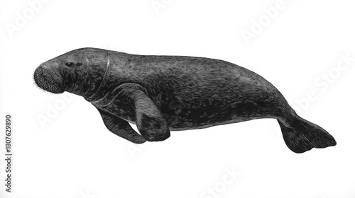Scientific-style drawing of a manatee in dark gray on white background, half side view from top right in a long shot, clean and precise illustration