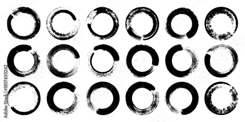 Grunge circles, brush strokes, lines, ink smudges, hand-drawn scribble shapes. Handmade sketchy marks, acrylic stains, charcoal streaks. Paint textures, dry brush effect. Vector illustration