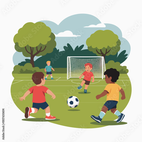 Happy children playing soccer in the park on a sunny day isolated on white