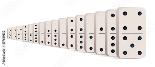 Vector illustration of domino tiles standing in a row in flat style. Classic rectangular domino pieces with perspective for board games, tabletop, and gaming design projects.