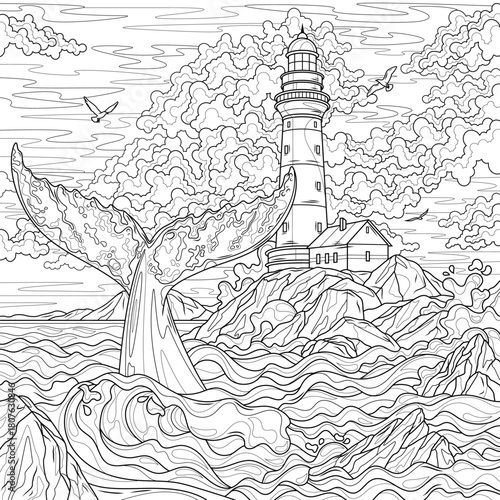 Whale tail in the sea near the lighthouse.Coloring book antistress for children and adults.