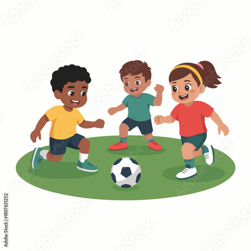 Three happy kids playing soccer on a green field isolated on