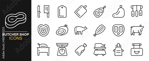 Clean Line Art Icons of Butcher Tools, Meat Cuts, and Shop Equipment