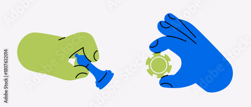 Vector illustration of a hand holding a chess piece and a hand holding a poker chip. Symbolizing strategy, skill, gambling, and gaming. Perfect for board games, casino, and entertainment design.