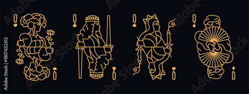 Vector illustration of a set of four Queen playing cards: Clubs, Diamonds, Hearts, Spades. Elegant and classic design for poker, casino, and entertainment projects.