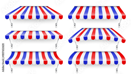 Shop sunshade with metal holder. Realistic striped cafe awning. Outdoor market tent. Roof canopy in French flag colors. Summer street store. Vector illustration
