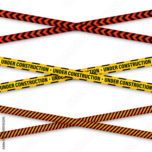 Barricade construction tape. Colorful police warning line, brightly colored danger or hazard stripe, ribbon. Restricted area, zone. Attention symbol. Vector illustration