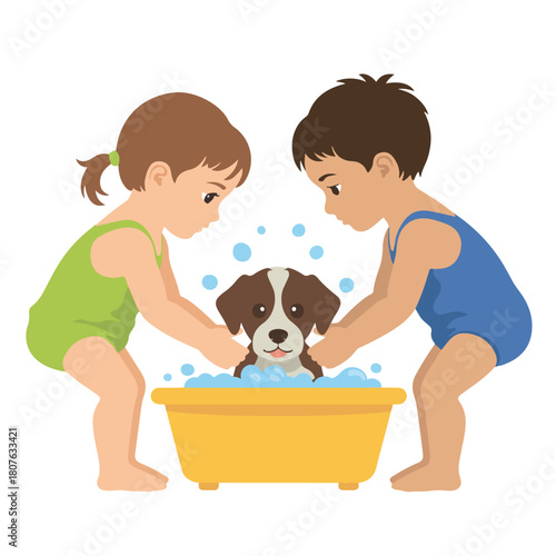 Boy and girl washing a dog in a tub isolated on