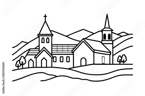 Vector illustration of a cartoon church building in a village or town square with a bright morning sky