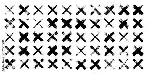 Grunge crosses, brush strokes, x mark, lines, ink smudges, hand-drawn scribble shapes. Handmade sketchy marks, acrylic stains, charcoal streaks. Paint textures, dry brush effect. Vector illustration