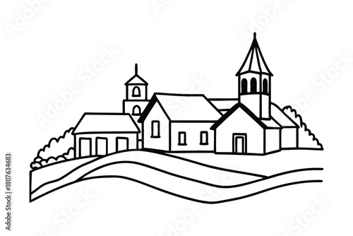Vector illustration of old town architecture featuring castle, church, and fantasy village buildings