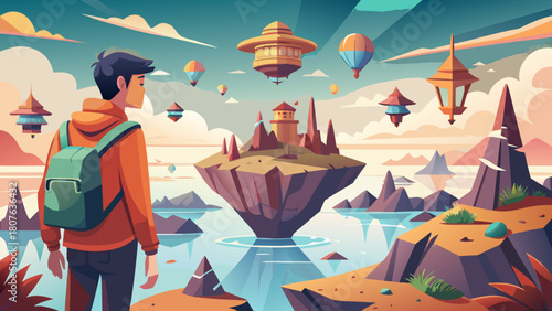 Fantastical Frontiers: a traveler explores dreamlike continents in flat vector