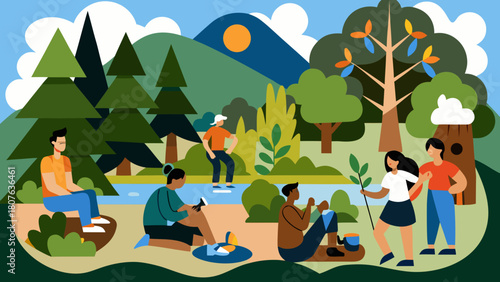 Nature-inspired outdoor hobbies in a serene vector scene with diverse participants