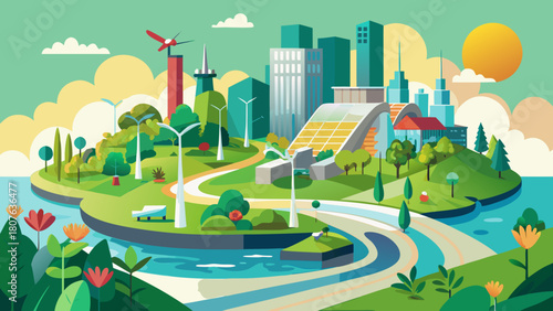 Eco-conscious cityscape blends nature and community in organic vector design