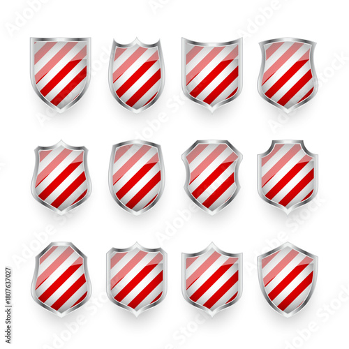 Glossy shields with red and black white. Security and protection concept. Cyber safety icons, internet privacy, web defense, digital data protection and antivirus themes. Vector illustration