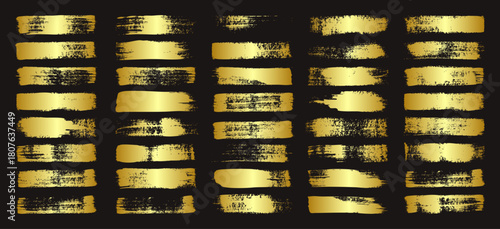 Golden brush strokes, lines, ink smudges, hand-drawn scribble shapes. Handmade sketchy marks, acrylic stains, charcoal streaks. Paint textures, dry brush effect. Marker underline. Vector illustration