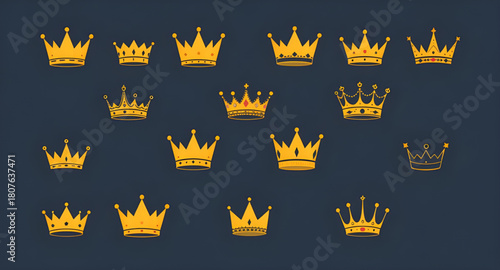 gold crown portfolio, luxury tiara kit, royal decorative pack, golden badge elements, ornate monarchy marks, emblematic gold vector, detailed king outline, queen noble contour, artistic golden headpie