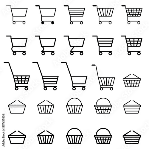 Shopping cart icons set. Shopping basket icon collection. Shopping cart line and flat icon.