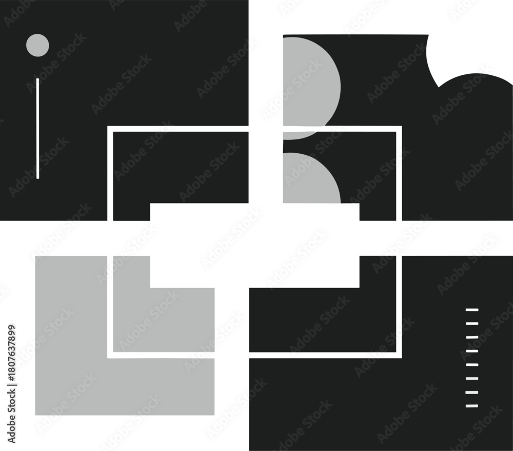 Fototapeta premium Abstract Minimalist Geometric Composition in Black, White, and Gray. Modern Contemporary Art Background with Negative Space and Simple Shapes Vector.