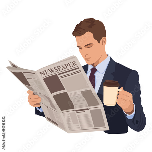 Man reading newspaper and drinking coffee isolated on