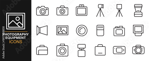 Simple Line Icons of Lenses, Tripods, Camera Bodies, and Flashes